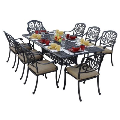 Elisabeth 9 Piece Cast Aluminum Patio Dining Set W/ 84 X 44 Inch Table & Sesame Cushions By Darlee