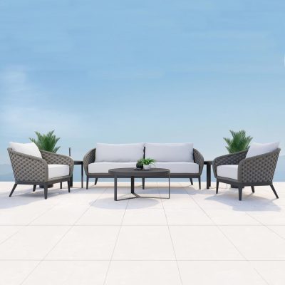 Sunset West Marbella 6 Piece Rope & Aluminum Patio Conversation Set W/ Coffee Table, End Table, & Sunbrella Echo Ash Cushions