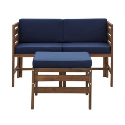 Ultimate Patio Bellelot 3 Piece Acacia Patio Sectional Set W/ 23 1/2 Inch Square Ottoman – Dark Brown/Blue