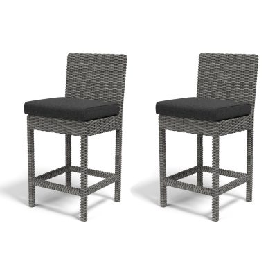 Sunset West Emerald II 2 Piece Resin Wicker Patio Counter Stool Set W/ Sunbrella Spectrum Carbon Cushions