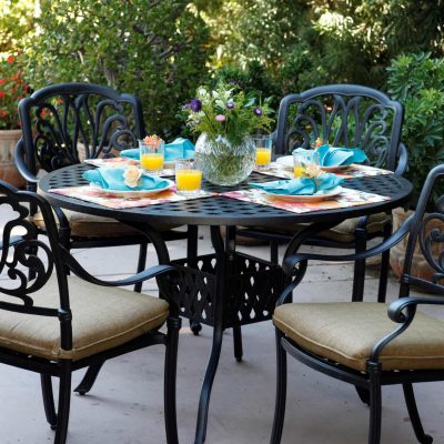 Elisabeth 5 Piece Cast Aluminum Patio Dining Set W/ 48 Inch Round Table & Sesame Cushions By Darlee