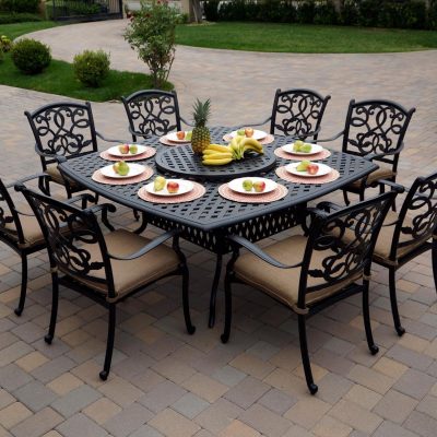 Darlee Santa Monica 10 Piece Cast Aluminum Patio Dining Set W/ Lazy Susan & Sesame Cushions