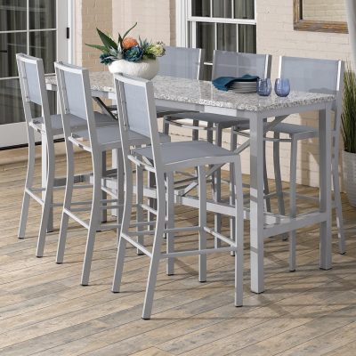 Travira 7 Piece Aluminum Patio Bar Set W/ 72 X 30 Inch Rectangular Lite-Core Ash Table By Oxford Garden – Slate Sling