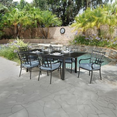 Lakeview Tensas 7 Piece Aluminum Patio Dining Set W/ 68-91 X 39-Inch Rectangular Extension Table & Spectrum Denim Cushions