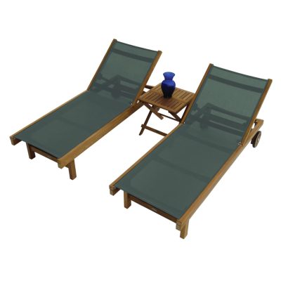 Sundaze 3 Piece Teak Patio Chaise Lounge Set W/ 20 Inch Square Folding Side Table By Royal Teak Collection – Moss Sling