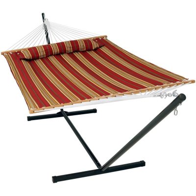 Ultimate Patio Quilted Double Hammock w/ Pillow & Stand – Red Stripe