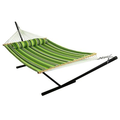 Ultimate Patio Quilted Double Hammock & Pillow w/ 12-Foot Black Stand – Melon Stripe