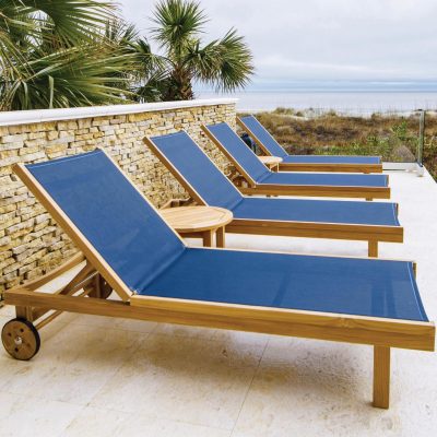 Sundaze 6 Piece Teak Patio Chaise Lounge Set W/ Round Side Tables By Royal Teak Collection – Navy Sling