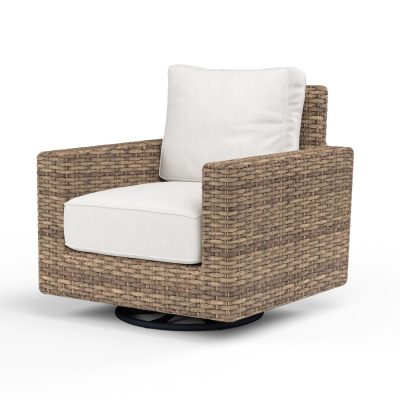 Sunset West Havana Resin Wicker Patio Swivel Rocker Club Chair W/ Sunbrella Canvas Flax Cushions