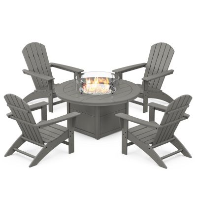 POLYWOOD Nautical 5-Piece Adirondack Chair Conversation Set w/ Fire Pit Table – Slate Grey