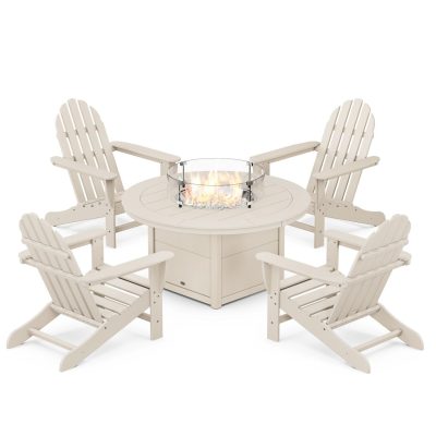 POLYWOOD Classic Adirondack 5-Piece Conversation Set W/ Fire Pit Table – Sand