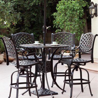 Nassau 7 Piece Cast Aluminum Patio Bar Set W/ 42 Inch Round Table, Umbrella & Sesame Cushions By Darlee