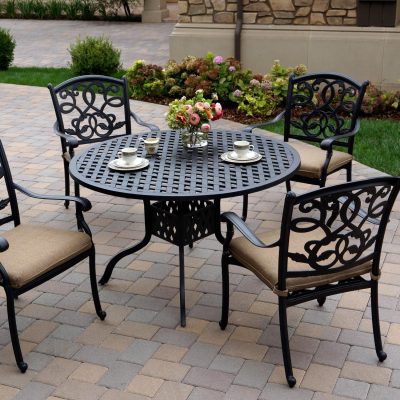 Darlee Santa Monica 5 Piece Cast Aluminum Patio Dining Set W/ 48 Inch Round Table & Sesame Cushions