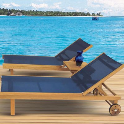 Sundaze 3 Piece Teak Patio Chaise Lounge Set W/ 20 Inch Square Folding Side Table By Royal Teak Collection – Navy Sling