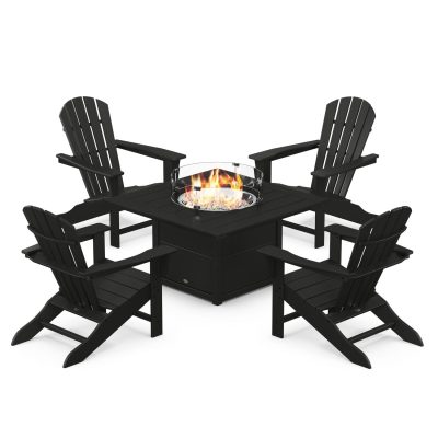 POLYWOOD Palm Coast 5-Piece Adirondack Chair Conversation Set w/ Fire Pit Table – Black