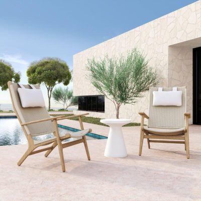 Sunset West Coastal Teak 3 Piece Patio Conversation Set W/ End Table & Sunbrella Canvas Canvas Cushions