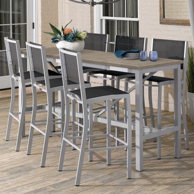 Travira 7 Piece Aluminum Patio Bar Set W/ 72 X 30 Inch Rectangular Tekwood Vintage Table By Oxford Garden – Black Sling