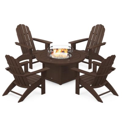 POLYWOOD Vineyard 5-Piece Curveback Adirondack Conversation Set w/ Fire Pit Table – Mahogany