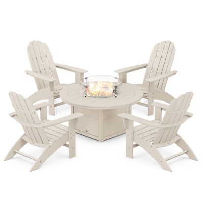 POLYWOOD Vineyard 5-Piece Curveback Adirondack Conversation Set w/ Fire Pit Table – Sand