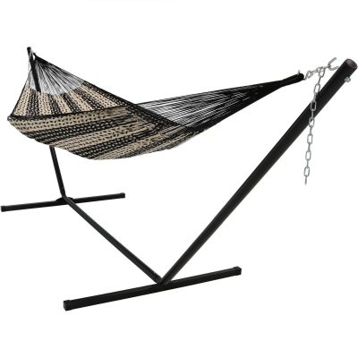 Ultimate Patio XXL Thick Cord Handwoven Family-Sized Mayan Hammock w/ 15-Foot Black Stand – Black & Natural