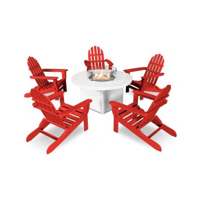 POLYWOOD Classic Folding Adirondack 6-Piece Conversation Set W/ Fire Pit Table – Sunset Red / White