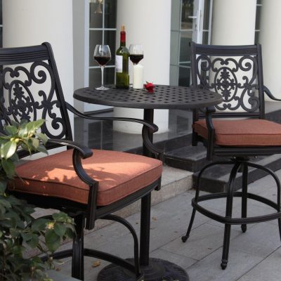 Darlee St. Cruz 3 Piece Cast Aluminum Patio Counter Height Bar Set W/ 30 Inch Round Table & Spicy Chili Cushions