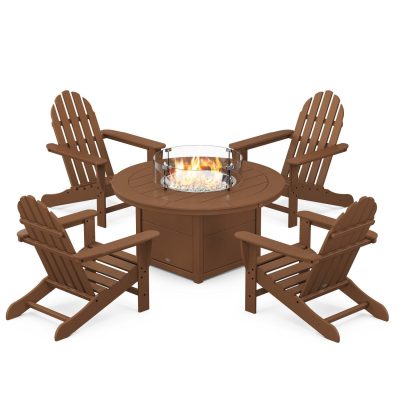 POLYWOOD Classic Adirondack 5-Piece Conversation Set W/ Fire Pit Table – Teak