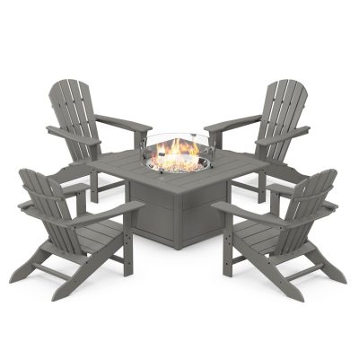 POLYWOOD Palm Coast 5-Piece Adirondack Chair Conversation Set w/ Fire Pit Table – Slate Grey