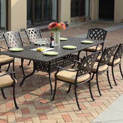 Darlee Ocean View 9 Piece Cast Aluminum Patio Dining Set W/ 92 X 42 Inch Rectangular Table & Sesame Cushions