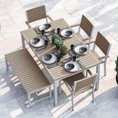 Oxford Garden Travira 6 Piece Flint Aluminum Patio Dining Set W/ Vintage Tekwood Armchairs, 63-Inch Rectangular Vintage Tekwood Table & Backless Bench