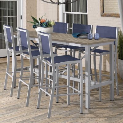 Travira 7 Piece Aluminum Patio Bar Set W/ 72 X 30 Inch Rectangular Tekwood Vintage Table By Oxford Garden – Ink Pen Sling