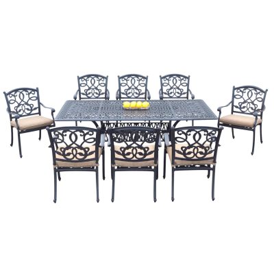 Darlee Santa Monica 9 Piece Cast Aluminum Patio Dining Arm Chair Set W/ 84 X 44 Inch Rectangular Table & Sesame Cushions