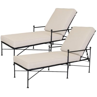 Provence 2 Piece Wrought Iron Patio Chaise Lounge Set W/ Sunbrella Canvas Flax Cushions By Sunset West