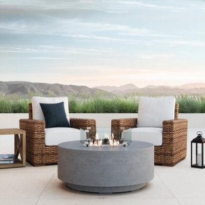 Sunset West Havana 4 Piece Resin Wicker Patio Fire Pit Conversation Set W/ End Table & Sunbrella Canvas Flax Cushions