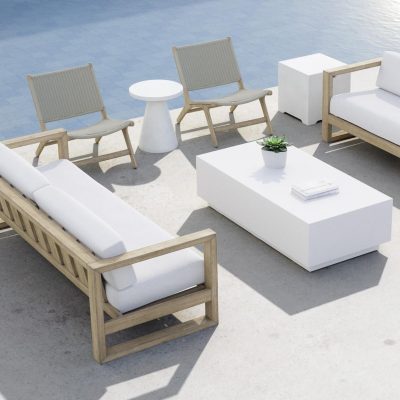 Sunset West Coastal Teak 7 Piece Patio Conversation Set W/ End Table, Coffee Table, Tank Cover, & Sunbrella Canvas Canvas Cushions