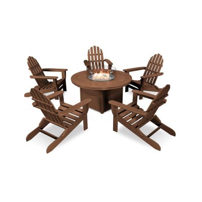 POLYWOOD Classic Folding Adirondack 6-Piece Conversation Set W/ Fire Pit Table – Teak