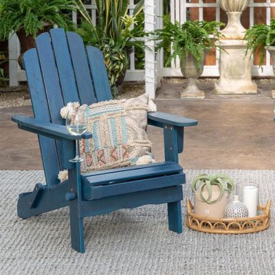 Ultimate Patio Folding Acacia Patio Adirondack Chair W/ Wine Glass Holder – Navy Blue Wash