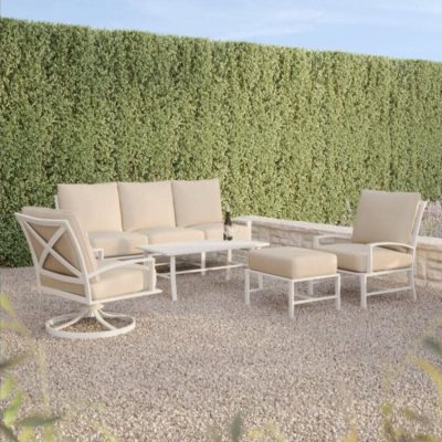 Sunset West Bristol 5 Piece Aluminum Patio Conversation Set W/ Coffee Table, Ottoman & Sunbrella Canvas Flax Cushions