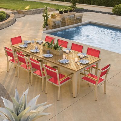 Travira 11 Piece Aluminum Patio Dining Set W/ 103 X 42 Inch Rectangular Tekwood Natural Table By Oxford Garden – Red Sling