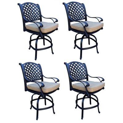 Nassau 4 Piece Cast Aluminum Patio Counter Height Swivel Bar Stool Set W/ Sesame Cushions By Darlee