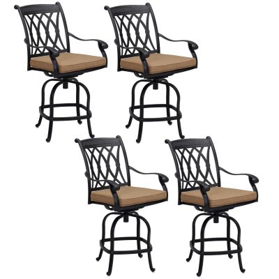 Capri 4 Piece Cast Aluminum Patio Counter Height Swivel Bar Stool Set W/ Sesame Polyester Cushions By Darlee