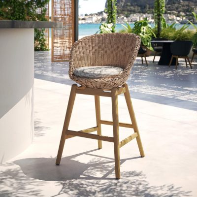 Tulle Wicker & Natural Teak Bar Stool in Flax/Bliss Linen By Oxford Garden