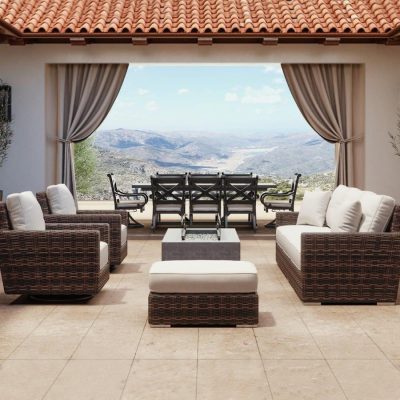 Sunset West Montecito 5 Piece Resin Wicker Patio Fire Pit Conversation Set W/ Ottoman & Sunbrella Canvas Flax Cushions