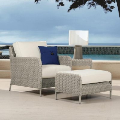 Sunset West Manhattan 3 Piece Resin Wicker Patio Conversation Set W/ End Table, Ottoman, & Sunbrella Linen Canvas Cushions