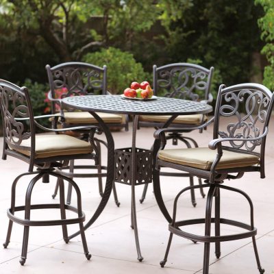 Darlee Santa Monica 5 Piece Cast Aluminum Patio Bar Set W/ 42 Inch Round Table & Sesame Cushions