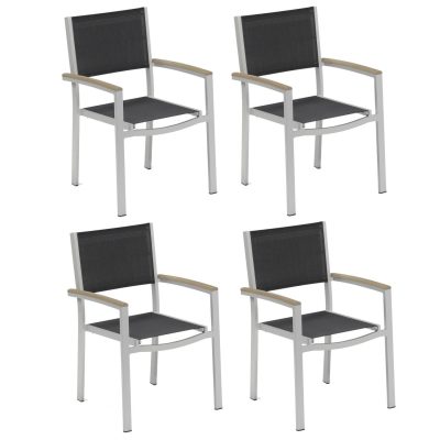 Travira 4 Piece Aluminum Dining Arm Chair Set W/ Black Sling & Tekwood Vintage Arm Caps By Oxford Garden